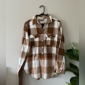 NWOT Panache Apparel Brown White Plaid Cabincore 100% Cotton Button Down Size S